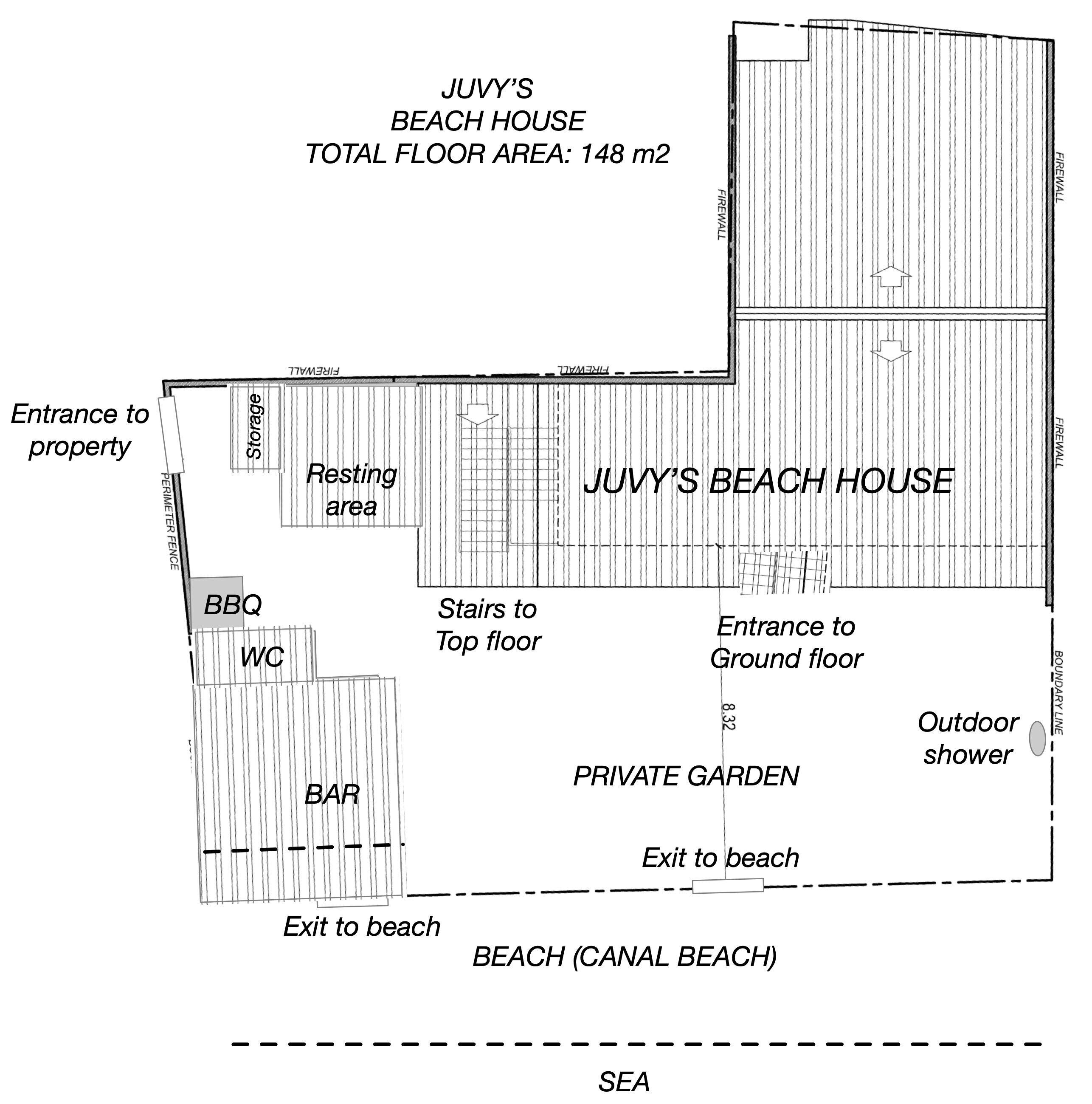 Plan d’étage de la maison de plage de Juvy, d’une superficie totale de 148 m², comprenant un barbecue, des toilettes, un bar, un espace de rangement et un jardin privé.