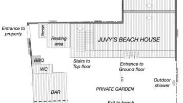 Plan d’étage de la maison de plage de Juvy, d’une superficie totale de 148 m², comprenant un barbecue, des toilettes, un bar, un espace de rangement et un jardin privé.