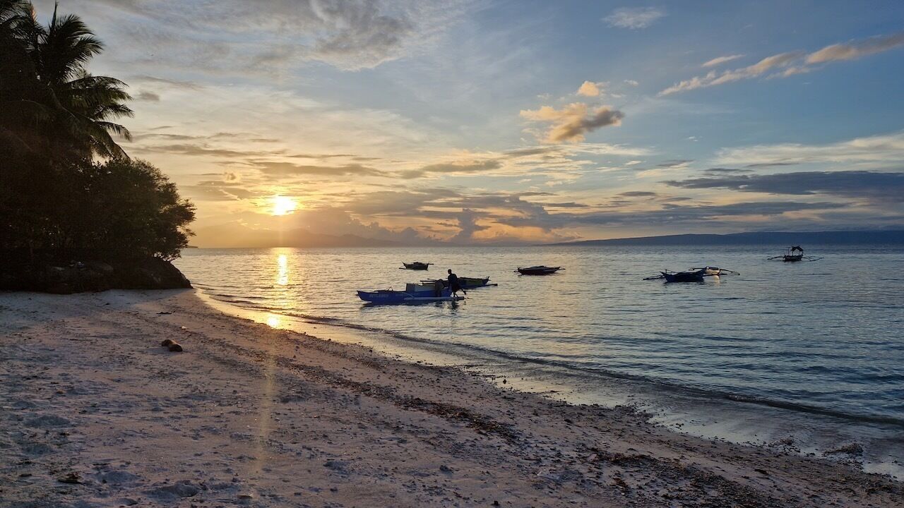 Una playa con barcos, palmeras y el sol poniéndose sobre el agua.