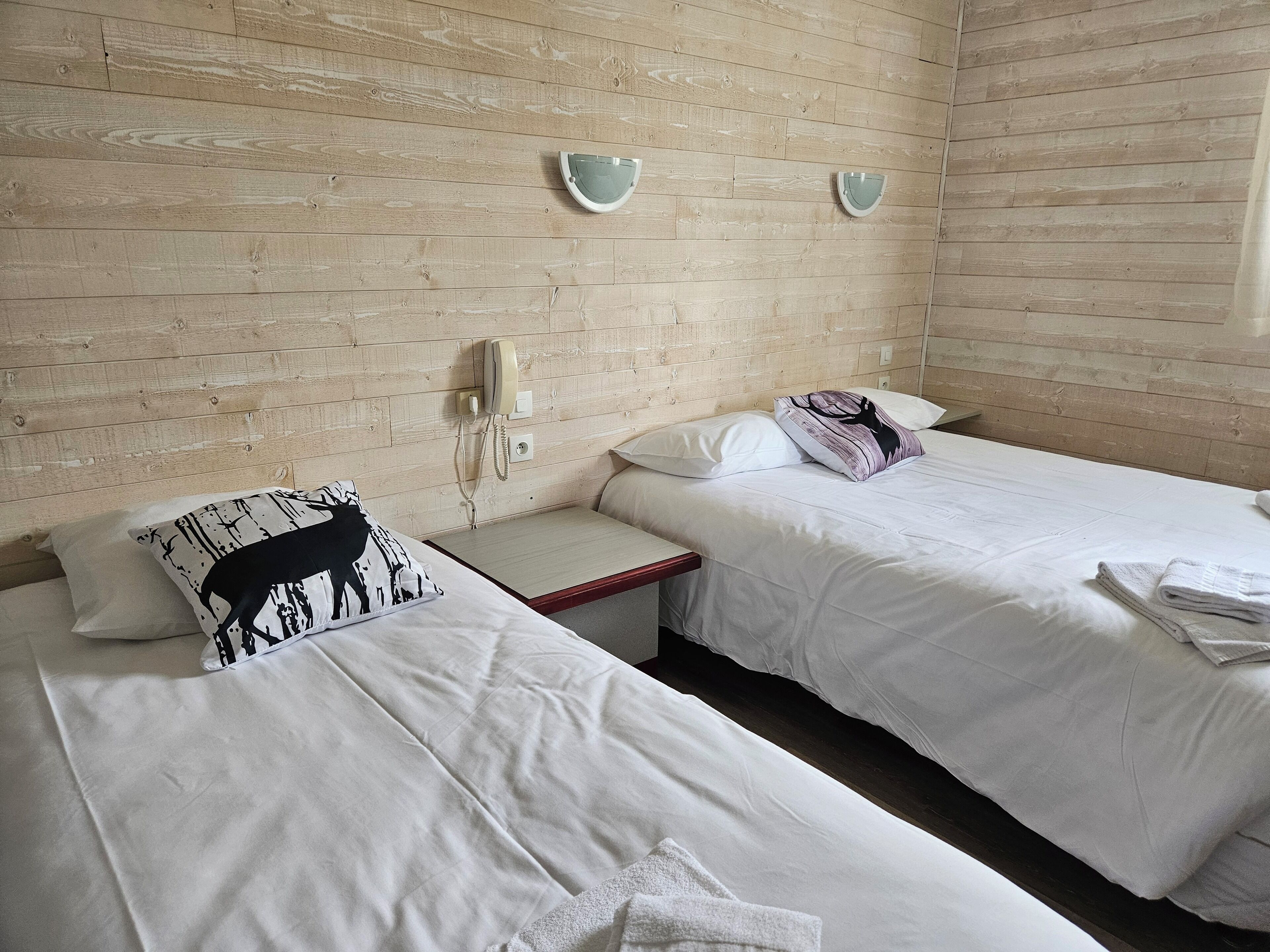 A room with two beds, a bedside table, a phone, and a wall-mounted light fixture.