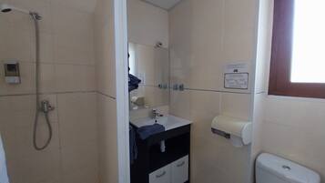 A bathroom with a shower, sink, mirror, and toilet.