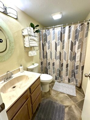 Hair dryer, towels, toilet paper