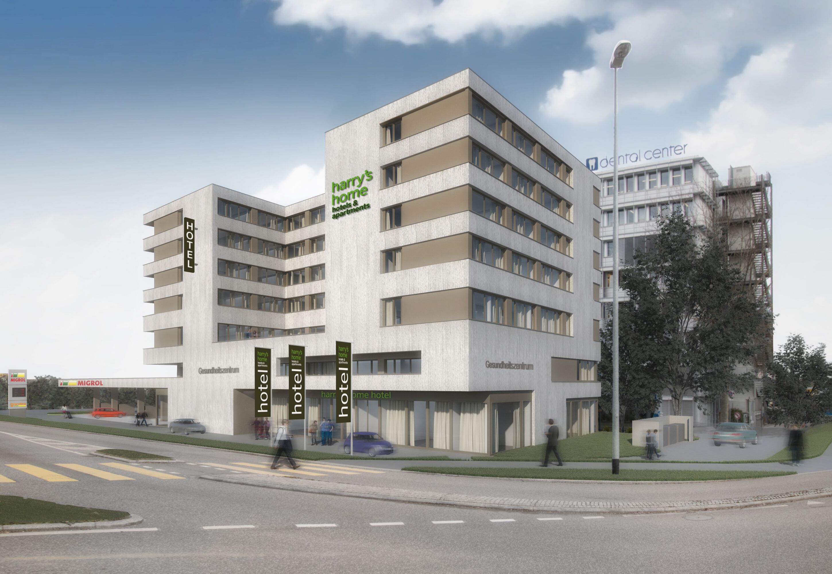 A modern hotel with multiple floors, a flat roof, and a central entrance.