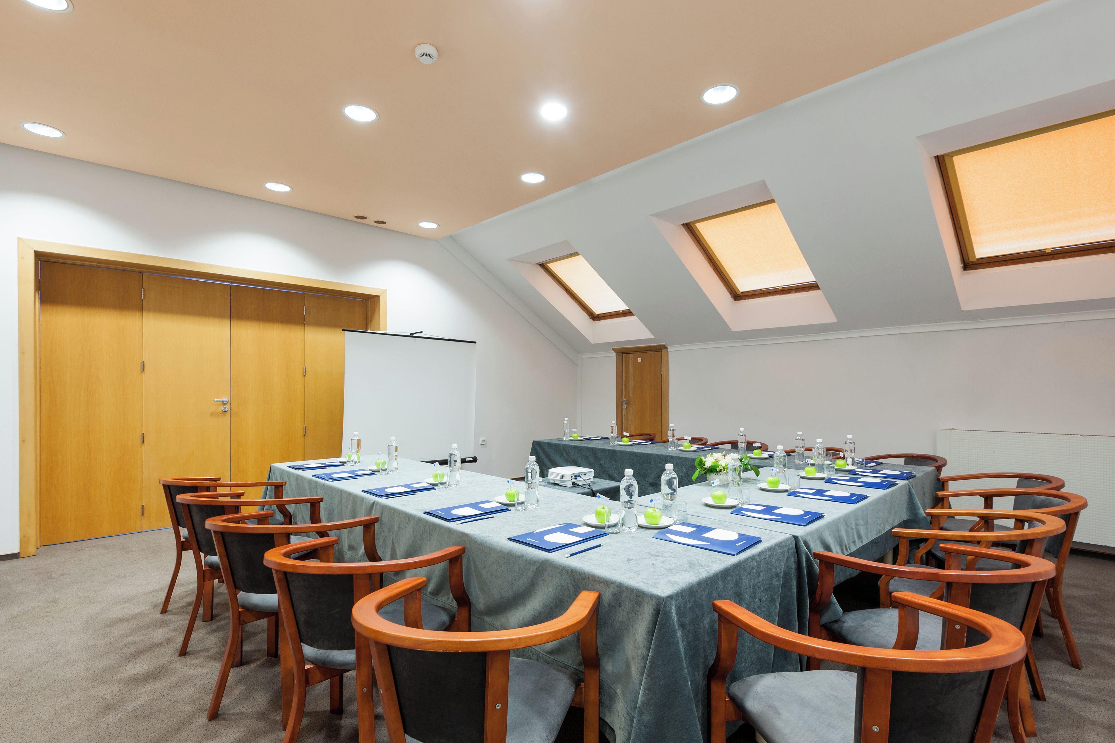 A conference room with a long table, chairs, and a ceiling with skylights.