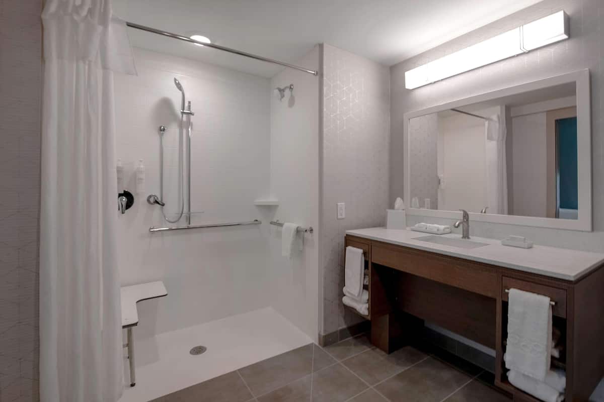 A modern bathroom with a walk-in shower, a vanity with a mirror, and a toilet.