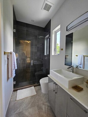 Hair dryer, towels, toilet paper