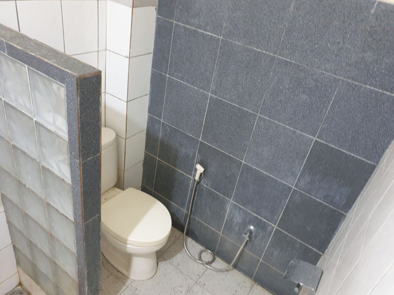 A small bathroom with a toilet, a shower, and tiled walls.