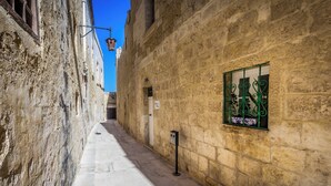 Une ruelle étroite aux murs de pierre, au sol carrelé et à la porte en métal vert.
