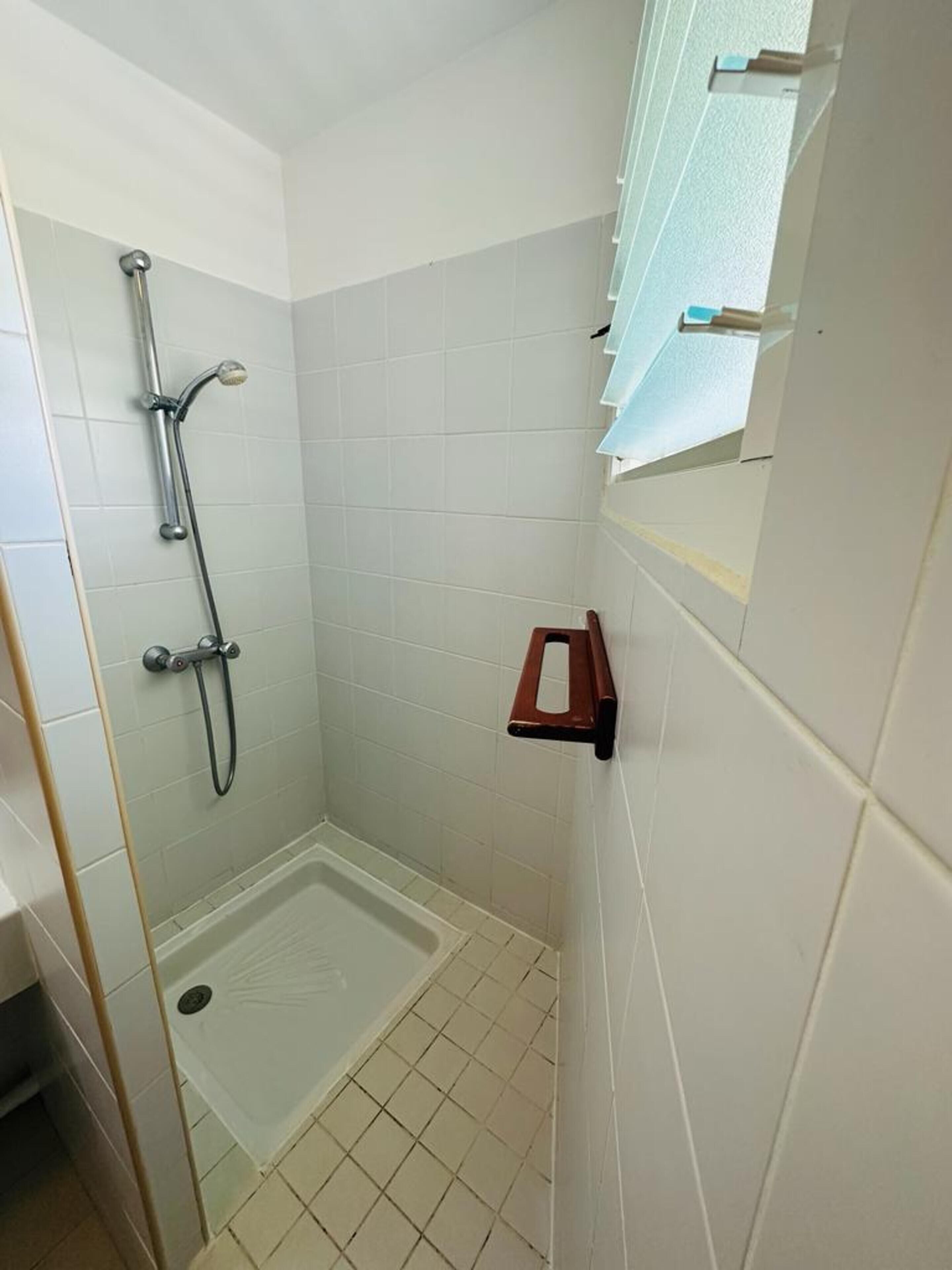 A small, tiled shower room with a showerhead, a handheld shower, and a wall-mounted towel rack.