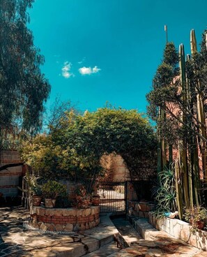A courtyard with a stone pathway, a metal gate, and various potted plants. - CASONA DOS VIDAS (Tequisquiapan)