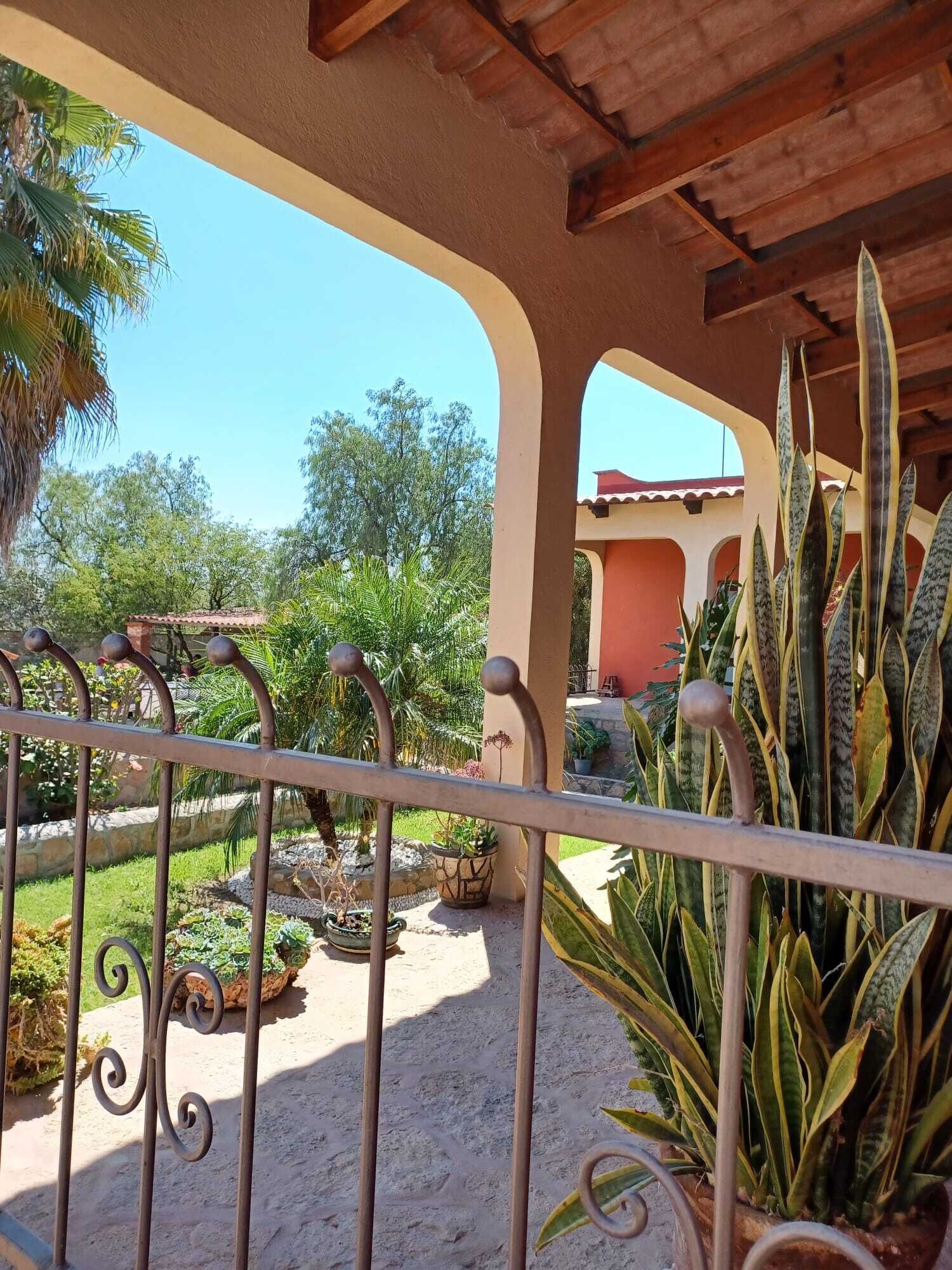 A covered outdoor area with a metal railing, potted plants, and a stone pathway.