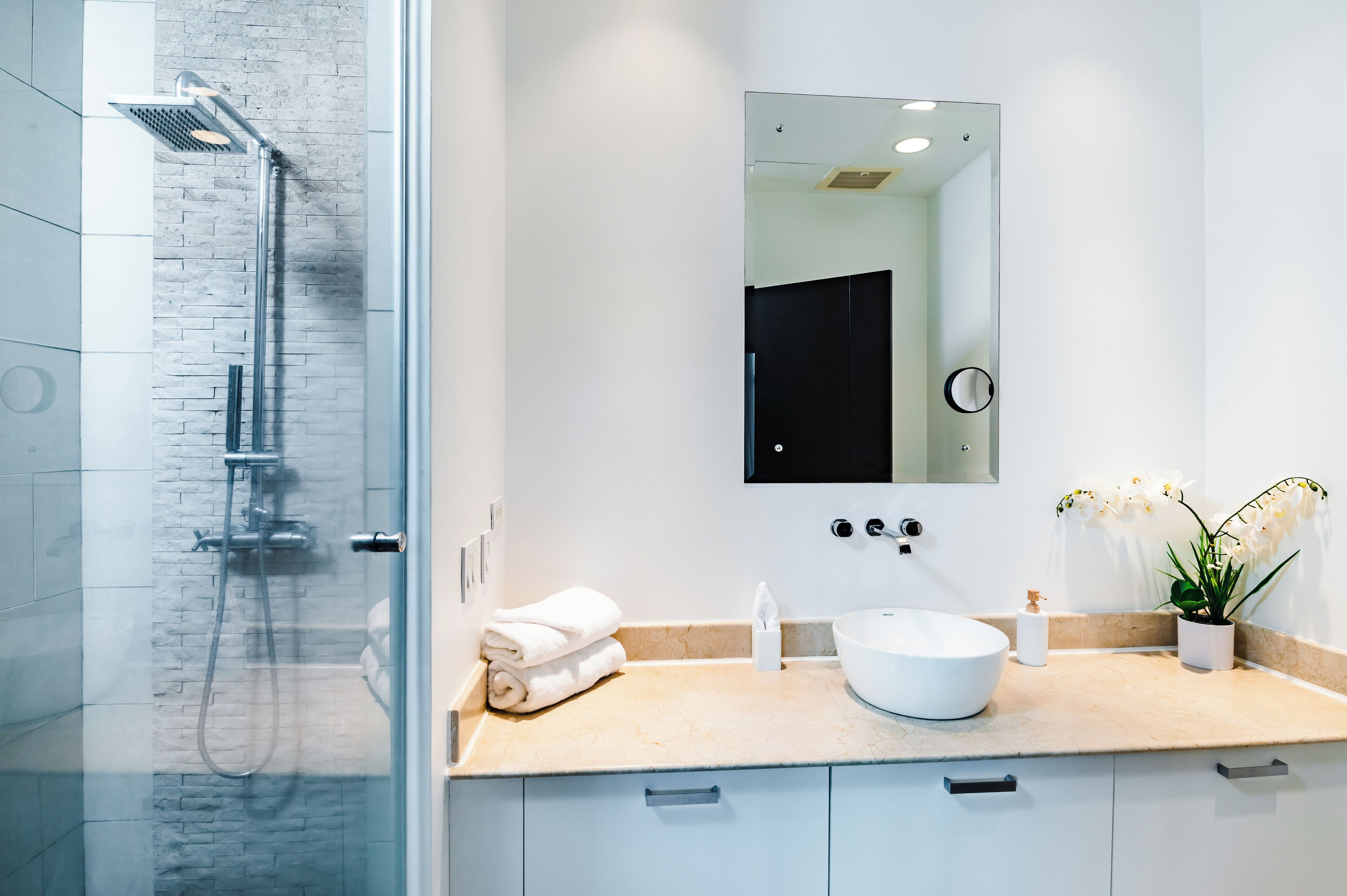 Un bany modern amb dutxa de vidre, un lavabo blanc, un mirall i una orquídia en test.