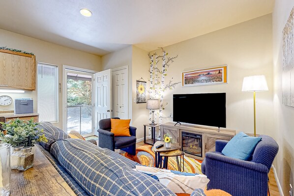 TV, fireplace, books