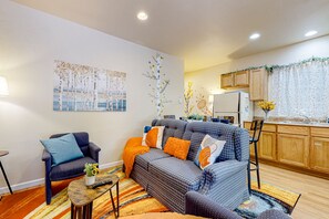 TV, fireplace, books