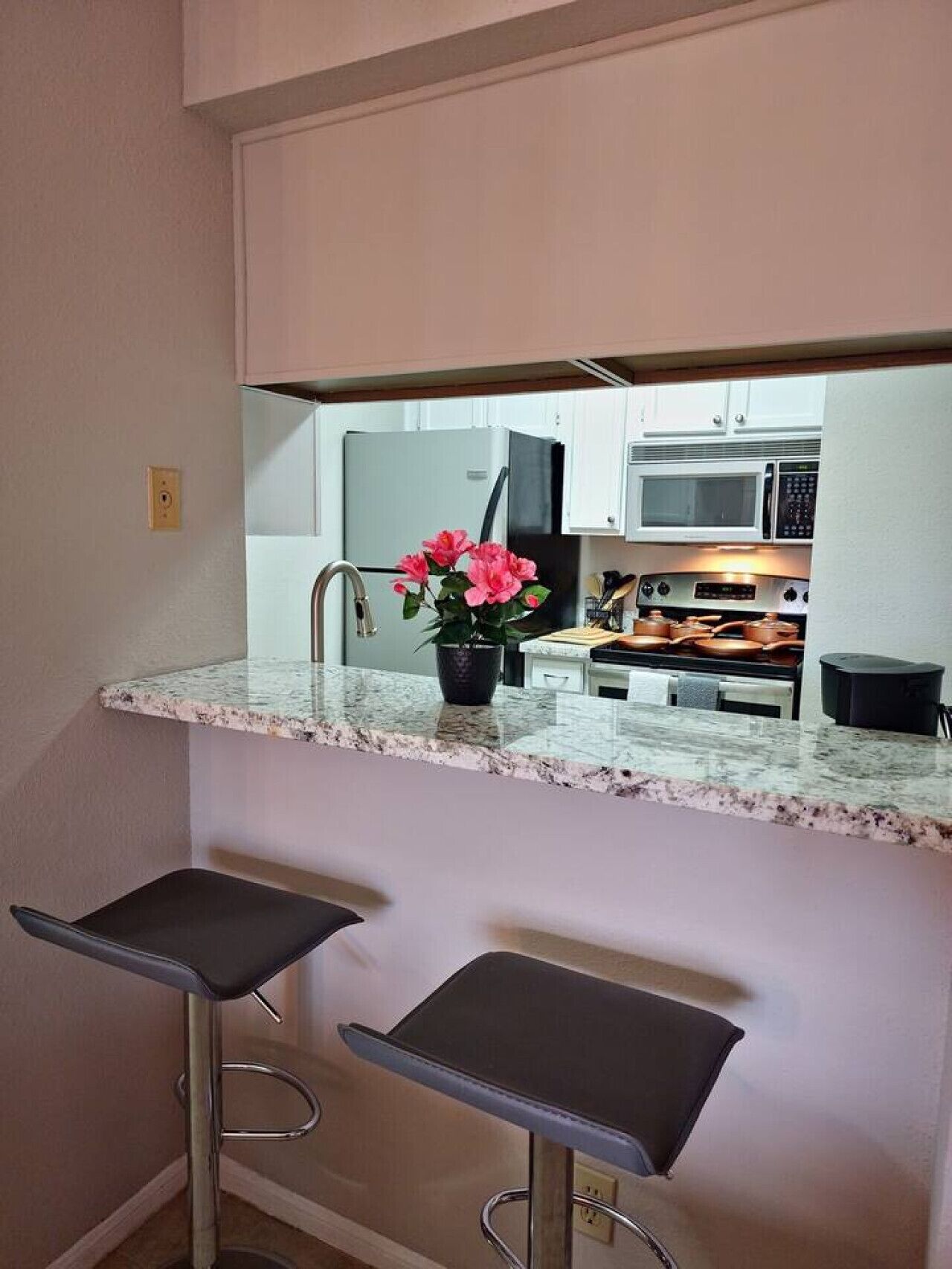 A kitchen with a granite countertop, a sink, a potted plant, and a microwave. There are two bar stools in front of the counter.