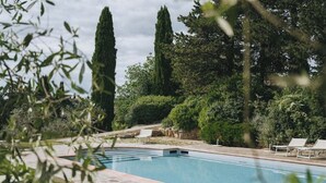 Une piscine bordée de pierres, entourée d’une végétation luxuriante et de grands arbres.