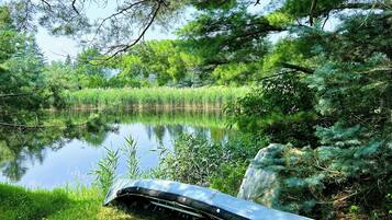 A kayak resting on a grassy bank beside a calm pond surrounded by dense greenery.