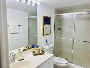 Hair dryer, towels, toilet paper