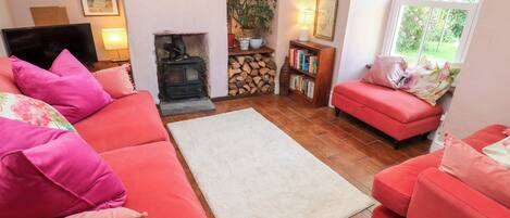 A cozy living room with a fireplace, red sofas, a white rug, and a bookshelf.