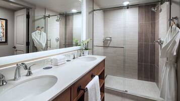 Hair dryer, towels, soap, shampoo