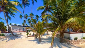 A beachside property with a sandy patio, palm trees, and a building with a white facade and red accents. - Zanzibar Beach House- South (Dongwe)