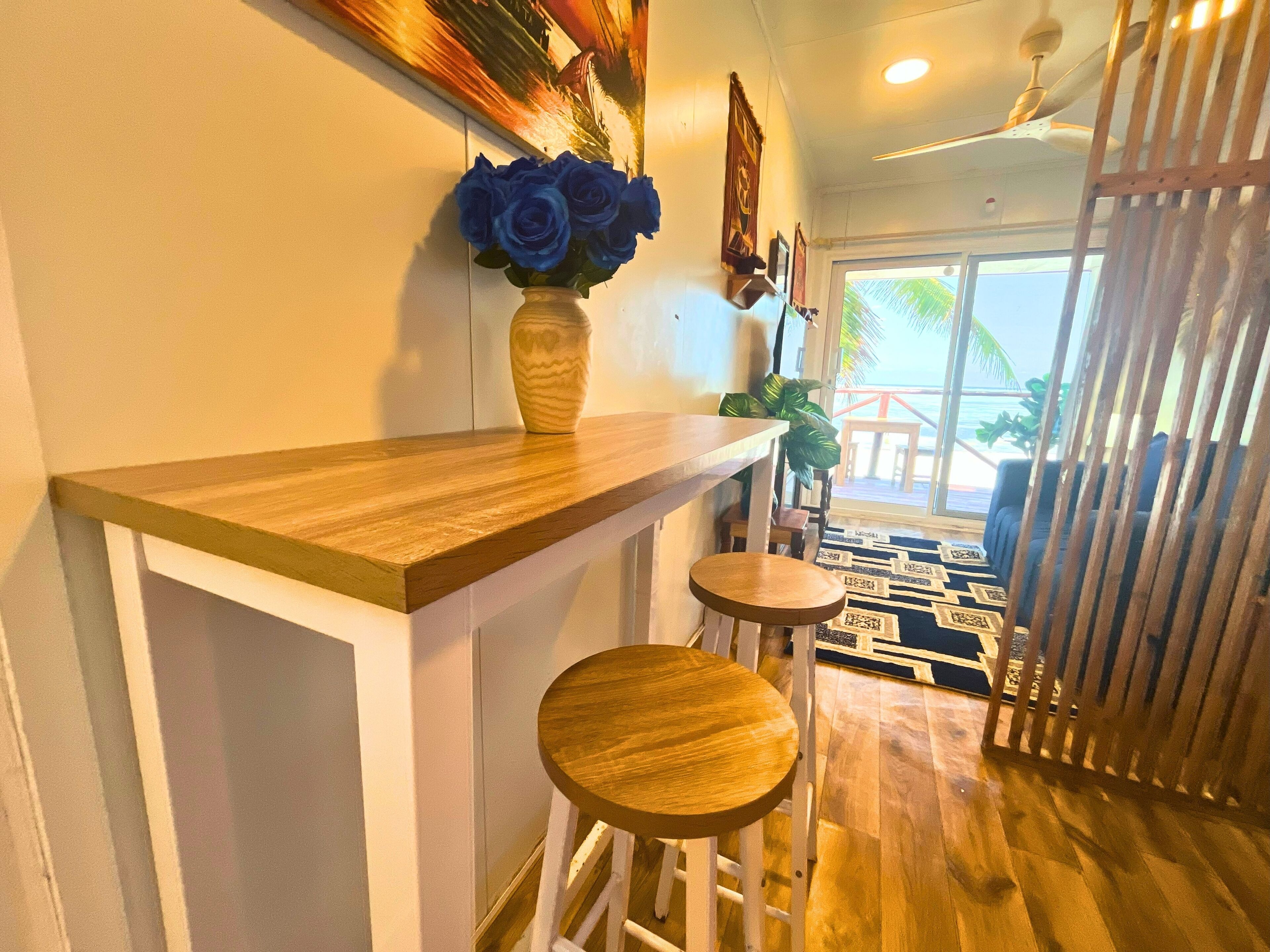 Mini-fridge, microwave, stovetop, coffee/tea maker