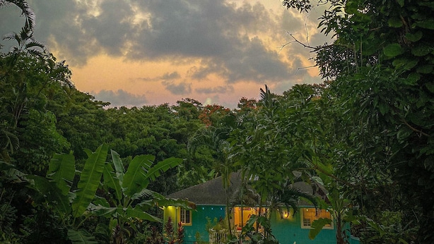 A house surrounded by dense tropical vegetation, with a visible porch and a small garden area.