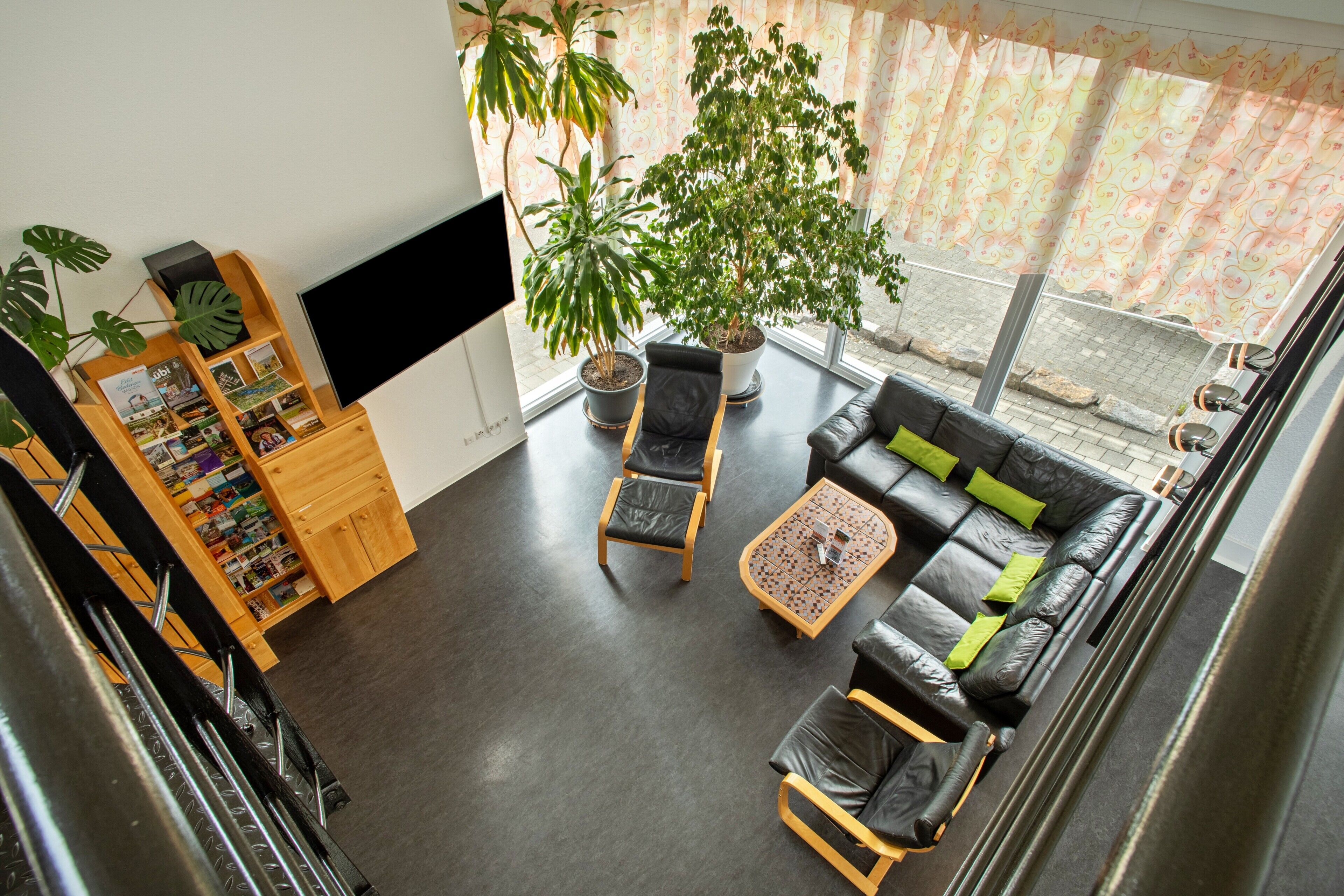 Un salon moderne comprenant un canapé, des fauteuils, une table basse, une bibliothèque et de grandes plantes en pot.