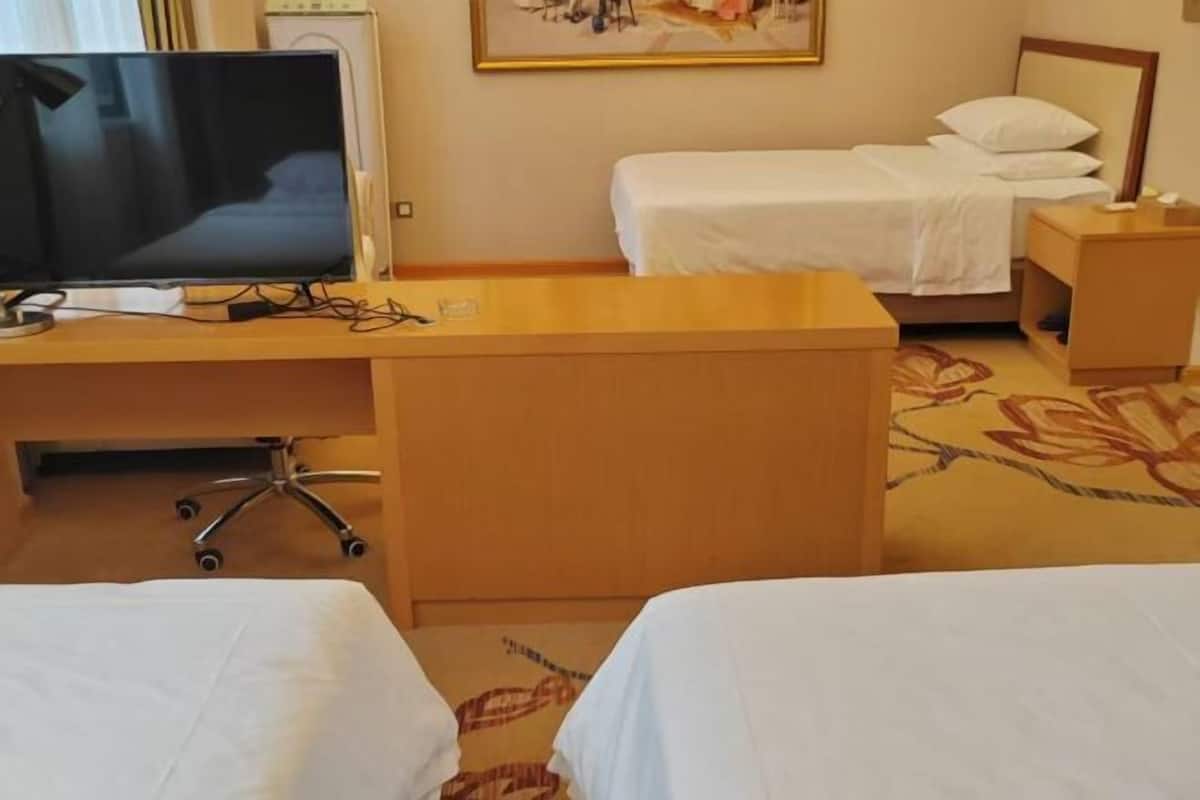 Habitación de hotel con escritorio, cama, televisor y mesita de noche.
