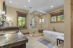 Bathtub, hair dryer, shampoo