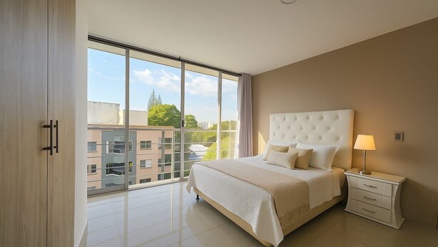 Ein modernes Schlafzimmer mit einem großen Bett, einem Nachttisch und Blick auf Gebäude durch raumhohe Fenster.