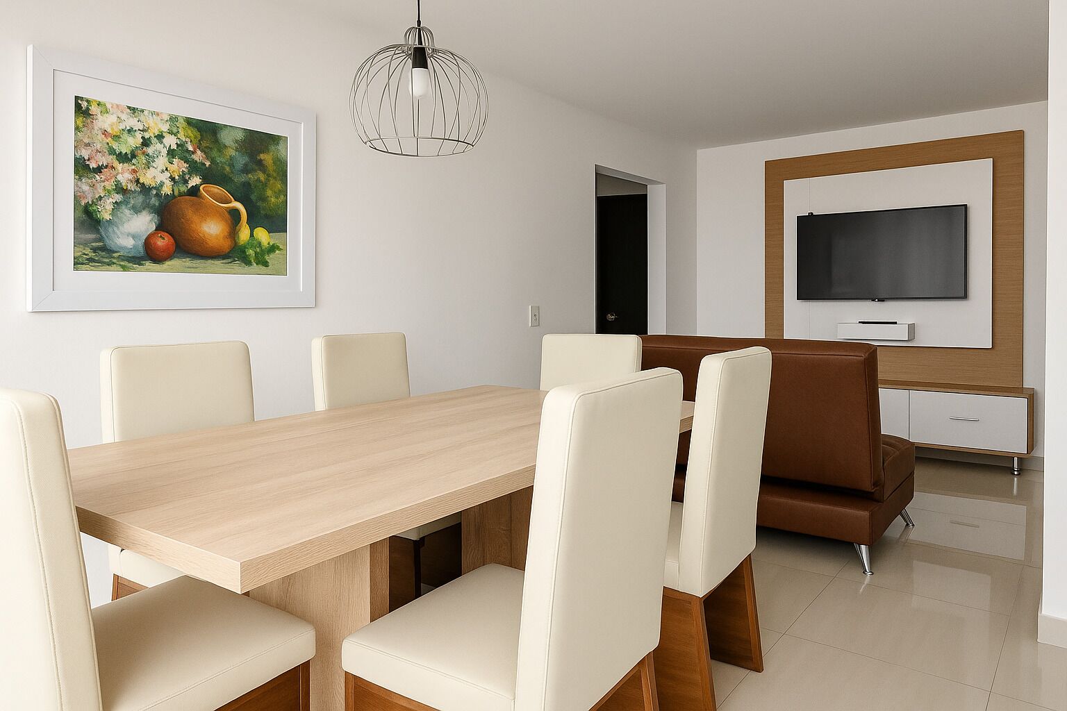 A modern dining area with a wooden table and white chairs, a painting on the wall, and a TV mounted above a cabinet.