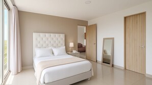A modern bedroom with a large bed, a bedside table, a mirror, and a wardrobe. - Nice view of the mountains in the north of Cali (Cali)