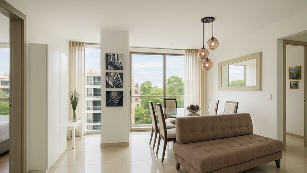 A modern living room with a sofa, dining table, and chairs. There are large windows with curtains, a view of buildings outside, and a ceiling light fixture.