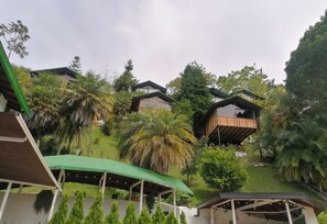 A resort with multiple bungalow-style buildings surrounded by lush greenery and palm trees. - Lakeview Cabin with Jacuzzi in Guatapé (Guatapé)