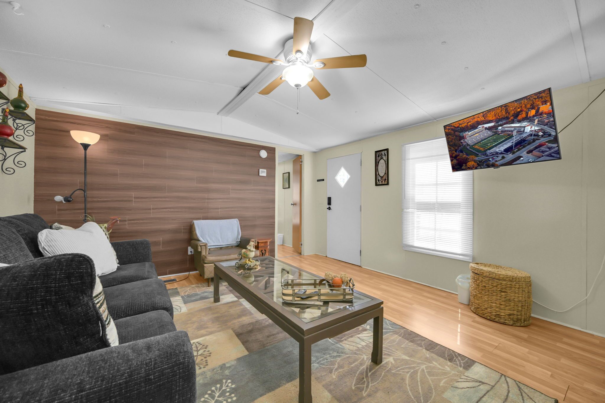 A modern living room with a ceiling fan, a flat-screen TV mounted on the wall, a sofa, a coffee table, and a patterned rug.