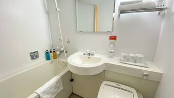 Combined shower/tub, hair dryer, electronic bidet, towels