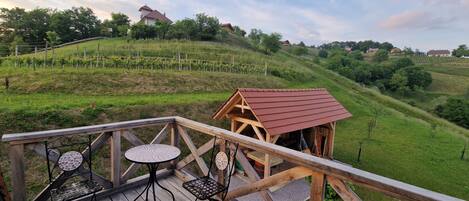 A wooden deck with a table and chairs, overlooking a vineyard and a hill with houses.