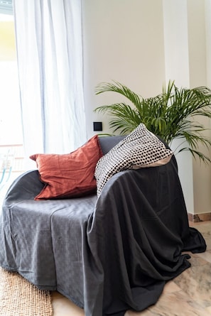 A room with a grey sofa, a red pillow, a black and white patterned pillow, and a green plant.
