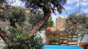 A backyard with artificial grass, a tree, a swimming pool, and a building in the background. - Holiday Home 'Cal Marcos' with Private Terrace, Private Garden and Wi-Fi (Torregrossa)