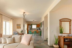 Télévision, cheminée, lecteur de DVD, chaîne hi-fi