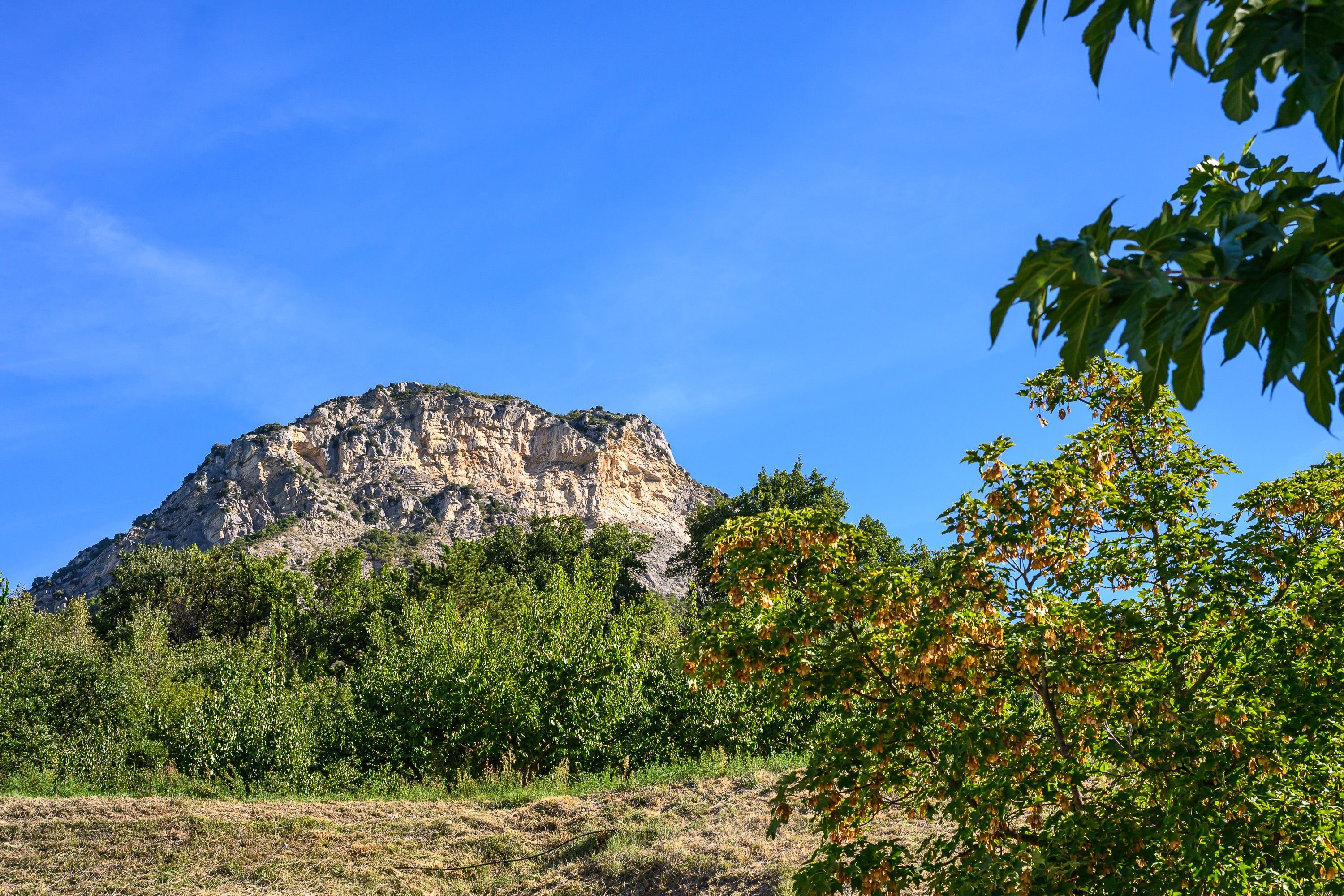 Eine Berglandschaft mit blauem Himmel.