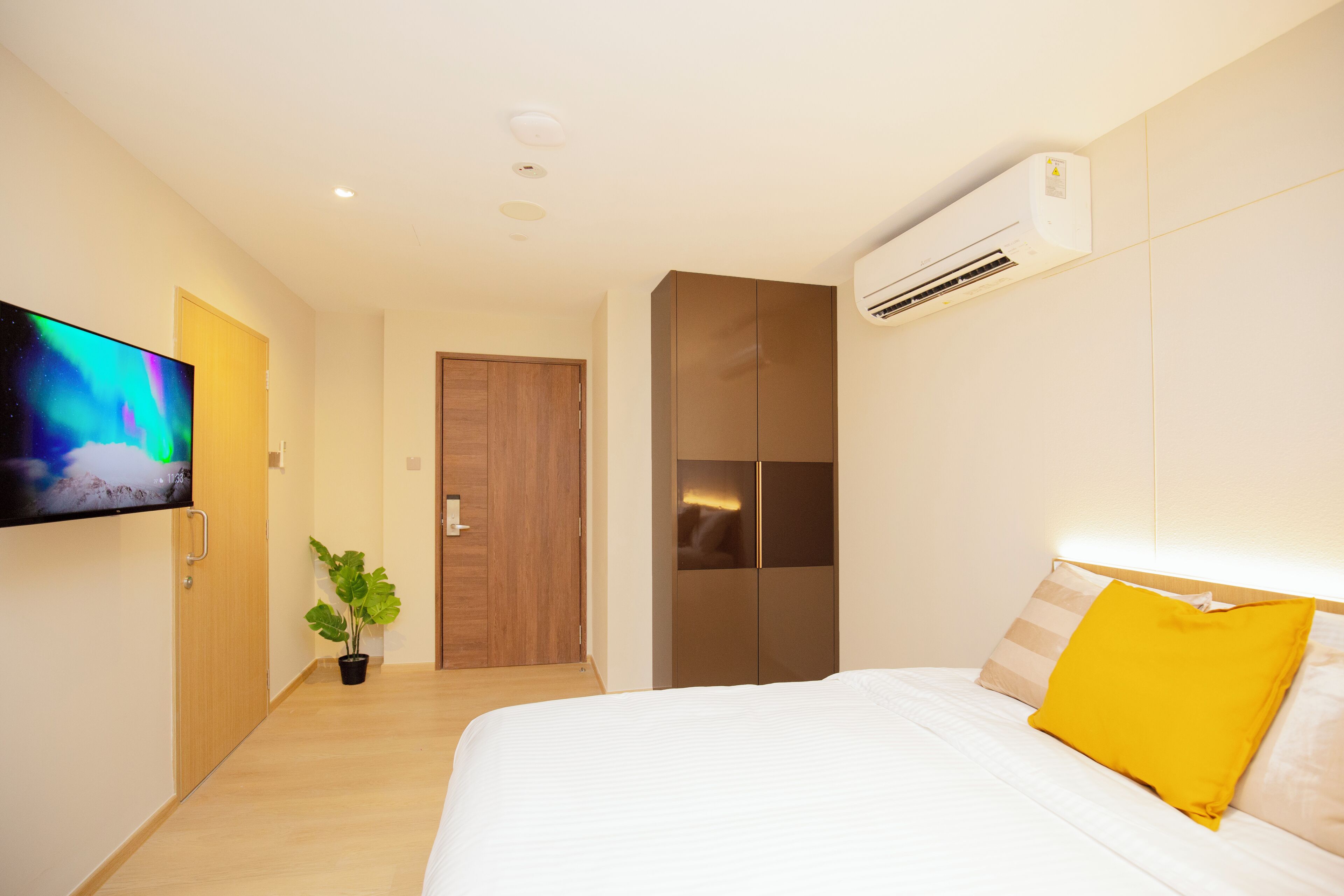 A hotel room with a bed, a television mounted on the wall, a potted plant, a wardrobe, and an air conditioning unit.