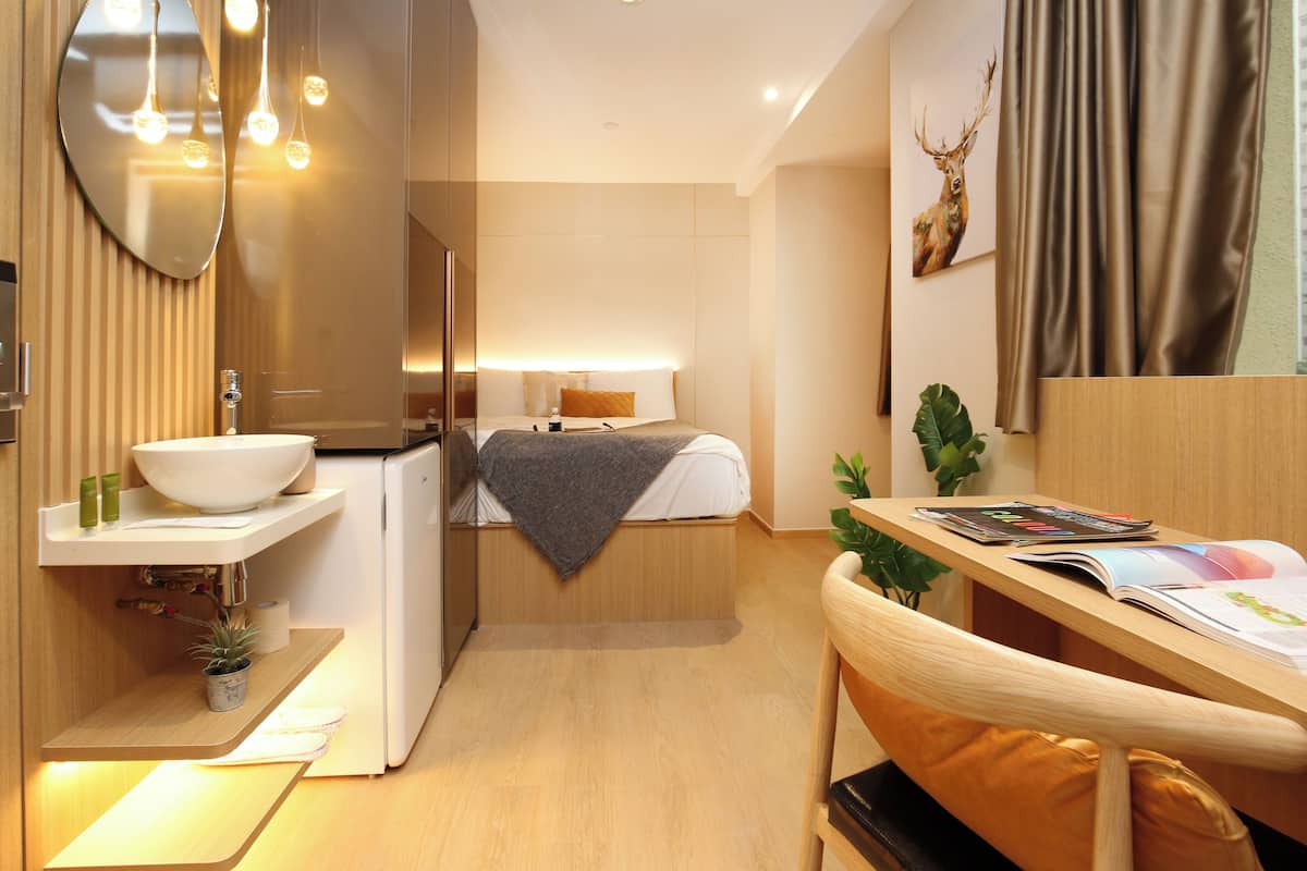 A compact hotel room with a bed, bedside table, mirror, sink, and a small potted plant.