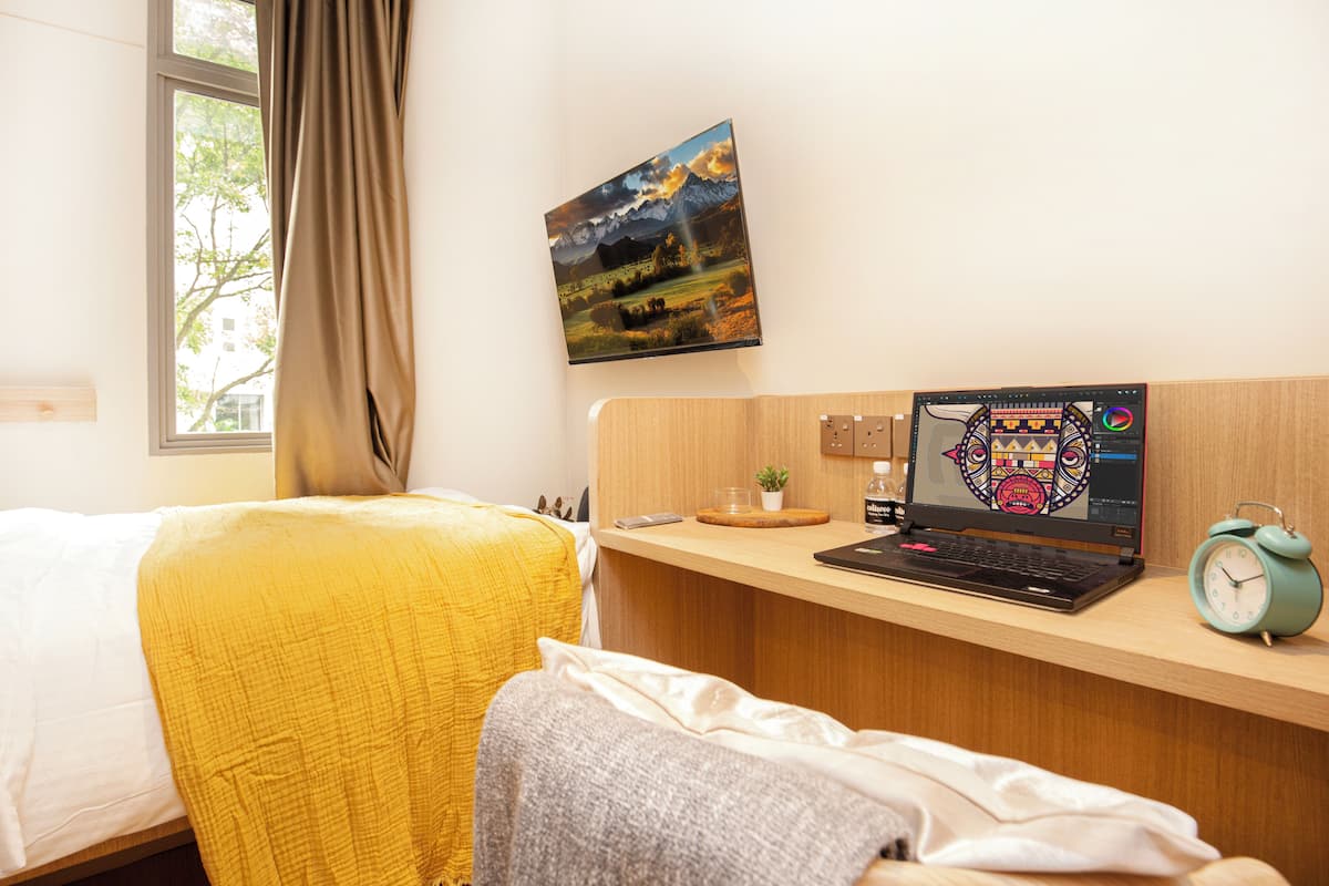 A hotel room with a bed, a desk with a laptop, a small plant, and a painting on the wall.