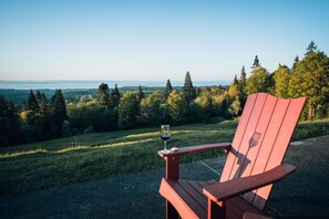 A red Adirondack chair with a glass of wine on a table, overlooking a forested landscape with a view of a body of water and distant mountains.