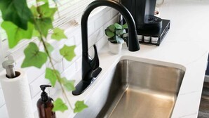 A kitchen with a stainless steel sink, a black faucet, a coffee maker, and a potted plant.
