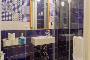 Shower, hair dryer, towels, shampoo