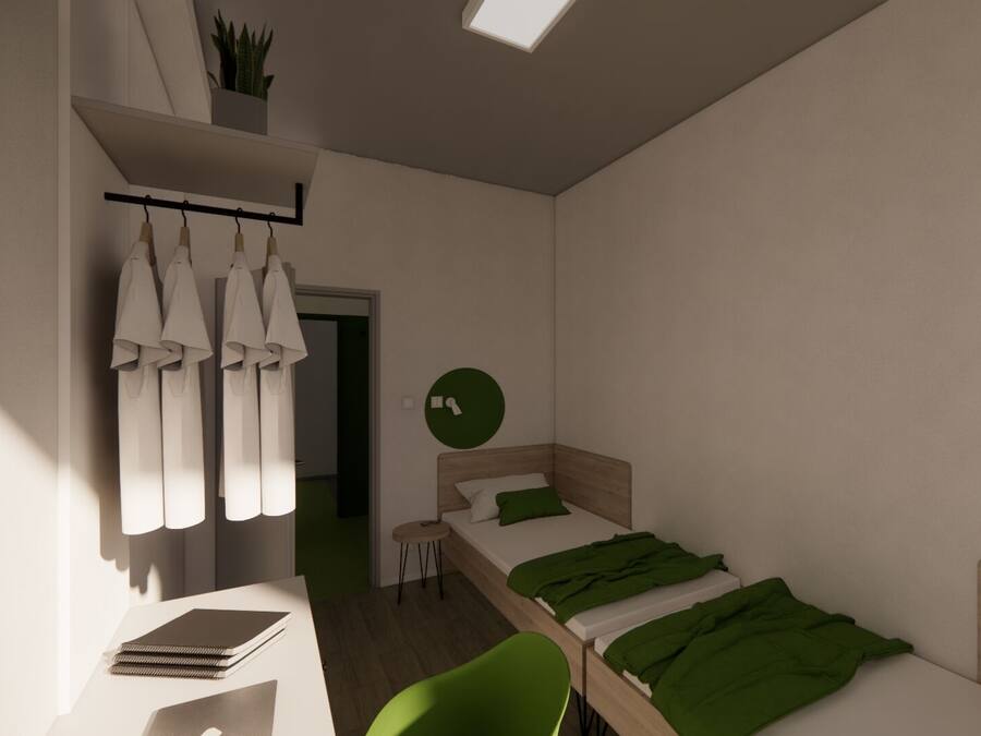 Un dormitorio minimalista con una cama individual, un escritorio y una silla. Hay una planta verde en una estantería y un reloj redondo en la pared.