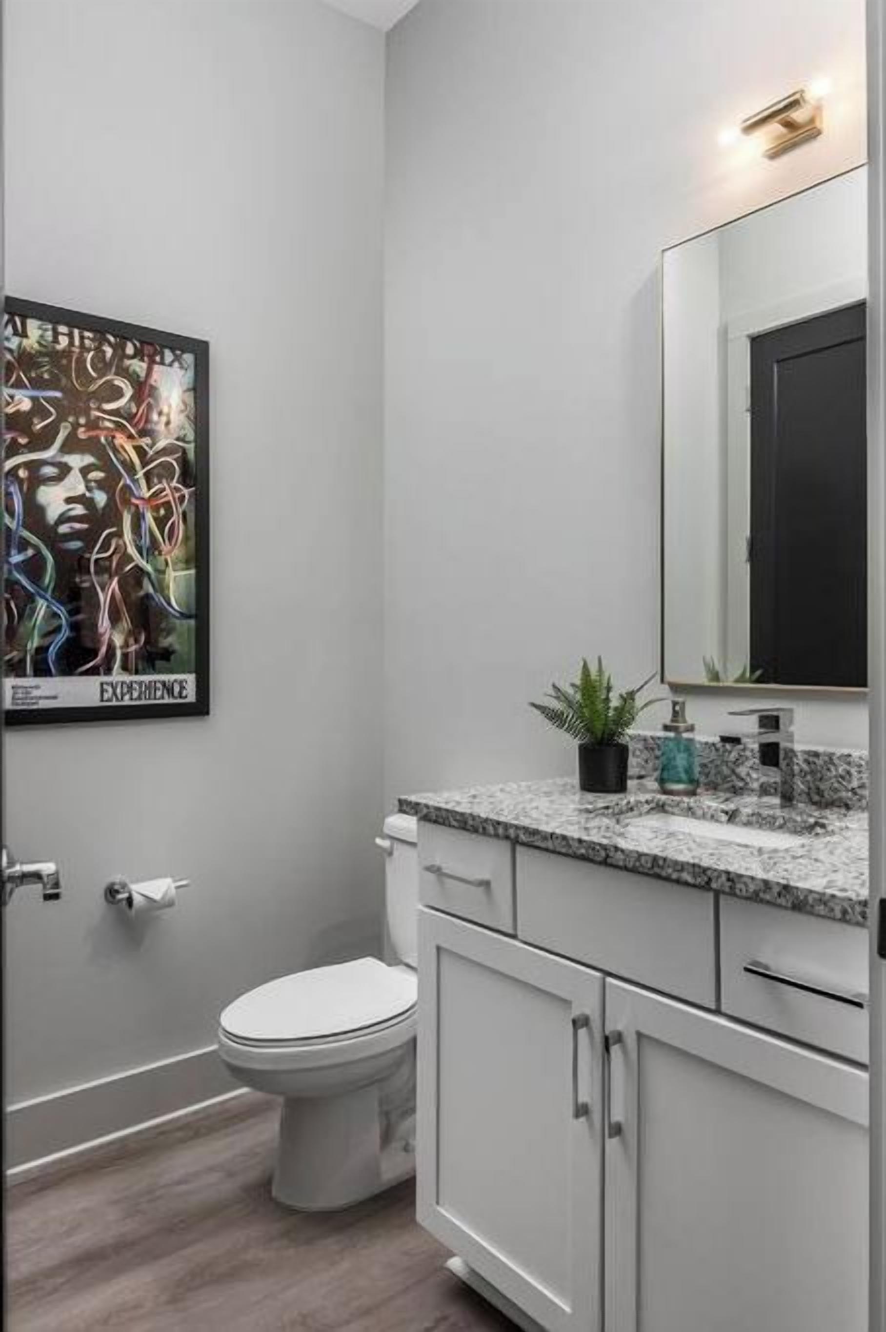 A modern bathroom with a white toilet, a marble countertop, a sink with a mirror, and a framed artwork on the wall.